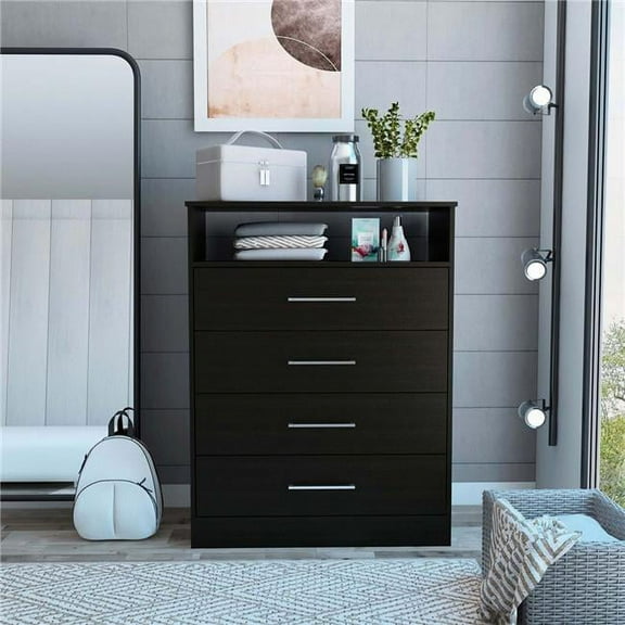 Depot E-Shop Kairo Dresser with 4 Drawers, Open Shelf, and Superior Top, Black