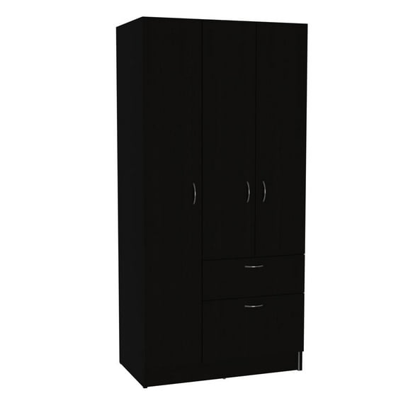Depot E-Shop Cartagena Armoire With Hinged Drawer, Metal Rod, 4 Shelves, 3 Doors, And Shoe Cabinet, Black/ White