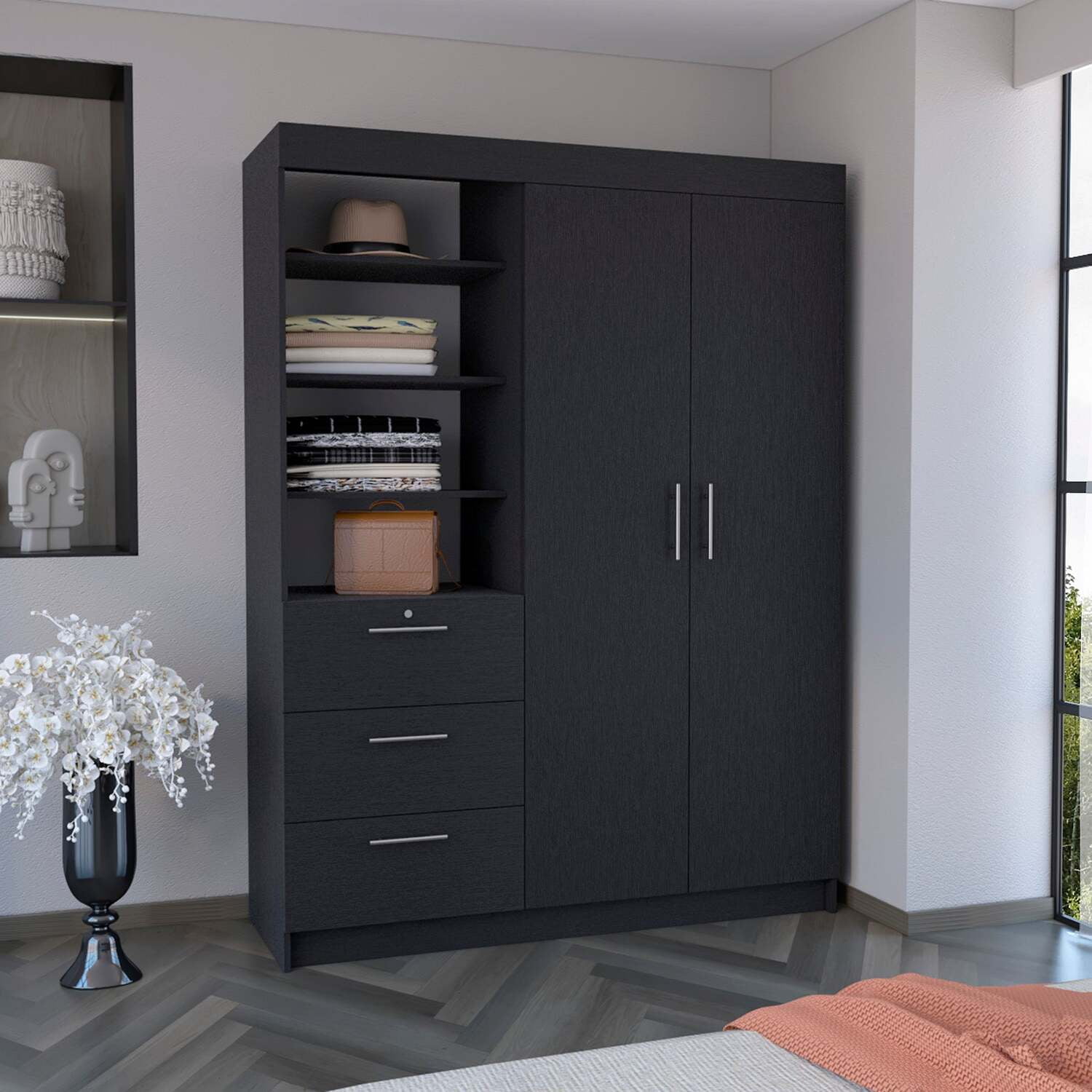 Laurel Black 3-Tier Shelf and Drawers Armoire