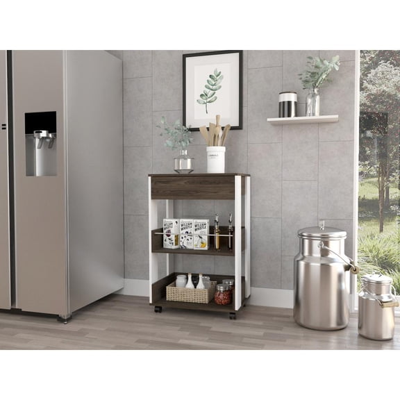 Depot E-Shop Pillar Kitchen Cart With 2 Shelves, Drawer, And 4 Casters, White/Dark Walnut
