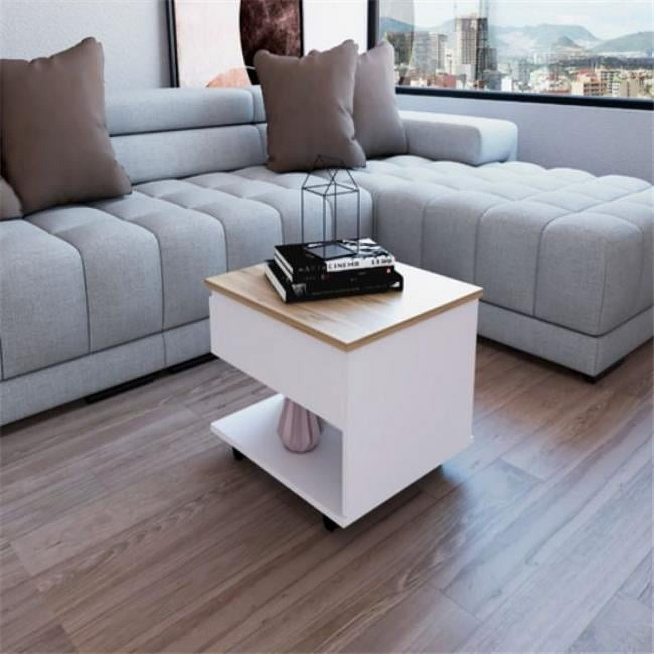 Modern Babel Lift-Top Coffee Table in White & Light Oak with Storage
