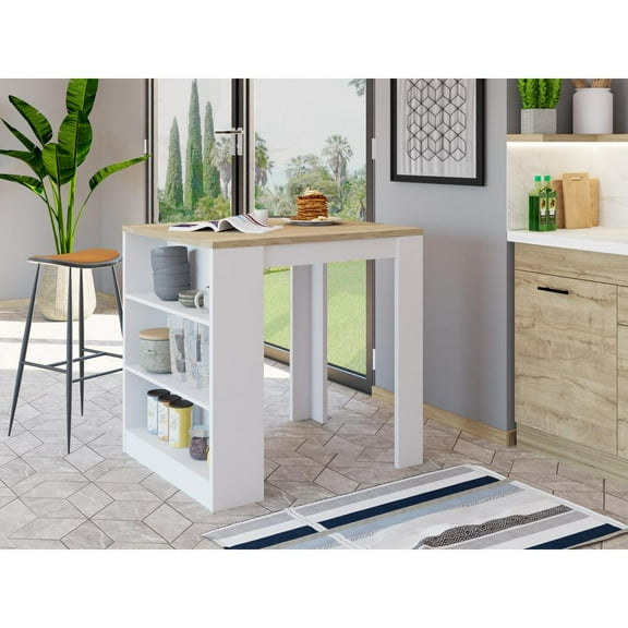Depot E-Shop Milos Kitchen Island Table With 2 Legs And 3 Side Shelves, White/ Pine