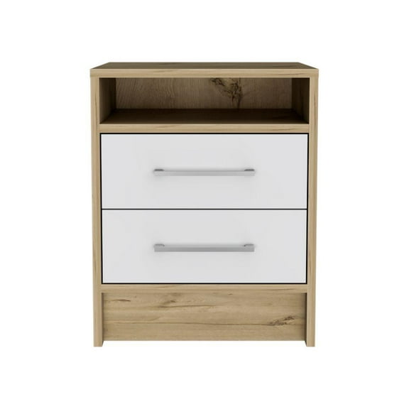 Depot E-Shop Leyva Nightstand With 2 Drawers And Open Shelf, White/ Light Oak