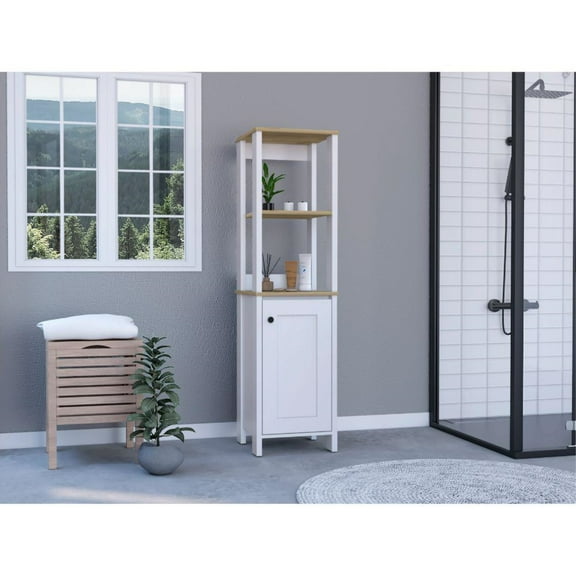 DEPOT E-SHOP New Haven Linen Cabinet, Two Internal Shelves, Two Open Shelves, Four Legs, One-Door Cabinet- Light Oak-White, For Bathroom