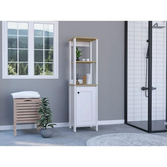 DEPOT E-SHOP New Haven Linen Cabinet, Two Internal Shelves, Two Open Shelves, Four Legs, One-Door Cabinet- Light Oak-White, For Bathroom