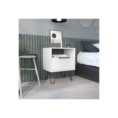 Depot E-Shop Begonia Nightstand With 2 Shelves, Single Door Cabinet, 4 Hairpin Legs, White
