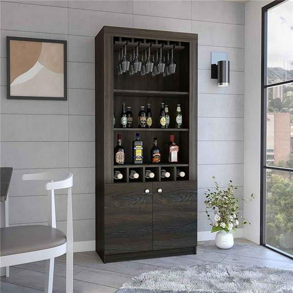 Depot E-Shop Dakota Bar Double Door Cabinet with 5 Wine Cubbies, Rack, and 2 Open Shelves, Carbon Espresso