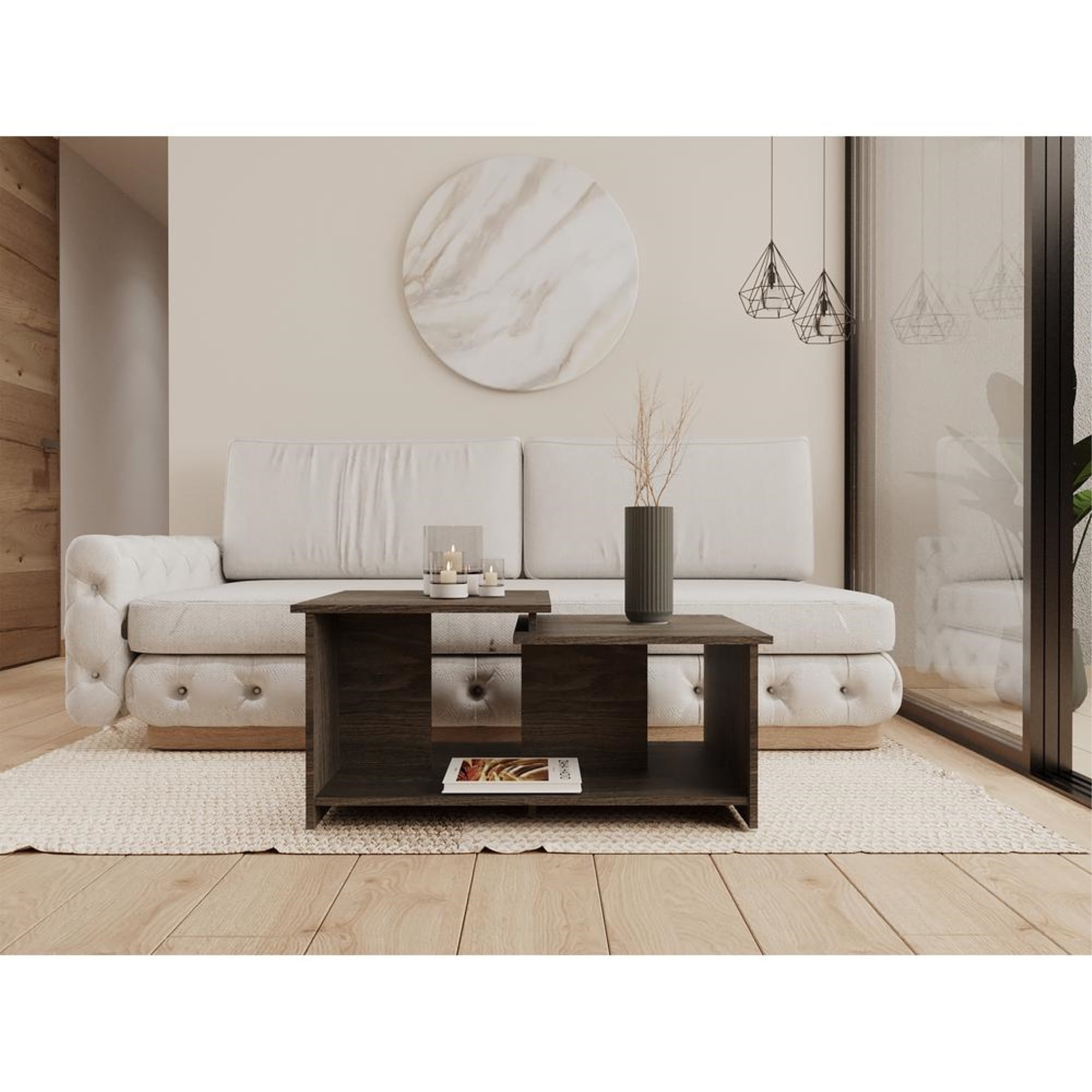Leanna Black Rectangular Wood Coffee Table with Shelves