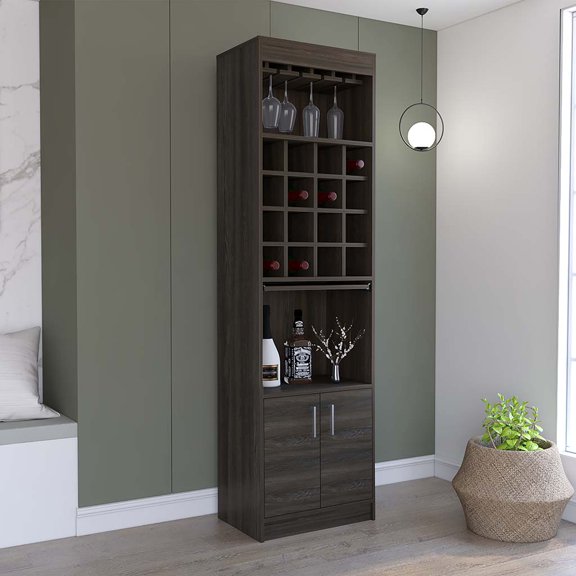 Soria Bar Double Door Cabinet, Sixteen Built-in Wine Rack, Concealable Serving Tray, One Shelf, Carbon Espresso