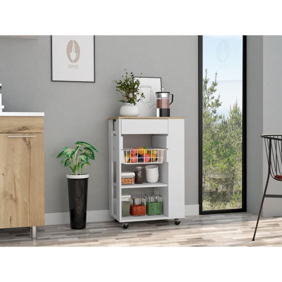 Depot E-Shop Rosemont Kitchen Cart With 2 Shelves, Casters, Basket Rack, And Drawer, White/ Light Oak