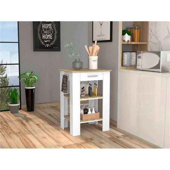 Depot E-Shop Delos 23 Kitchen Island With Drawer, Towel Rack, And 2 Open Shelves, White/ Light Oak