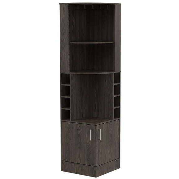 Depot E-Shop Egina Corner Bar Cabinet with 2 Open Shelves, 2 Doors, 8 Wine Cubbies, and Glass Rack, Dark Walnut