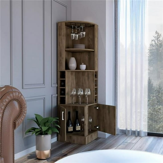 Depot E-Shop Egina Corner Bar Cabinet With 8 Wine Cubbies, 2 Cabinets, 2 Open Shelves, And Glass Rack, Dark Brown