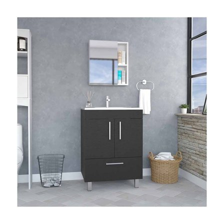 Depot E-Shop Essential Single Bathroom Vanity with Drawer and Double Door Cabinet, Black