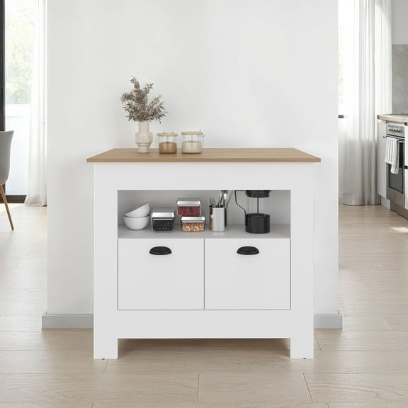 Kitchen Island 35" H, whit 2 doors, 3 shelves, White/Macadamia