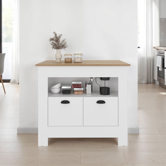Kitchen Island 35" H, whit 2 doors, 3 shelves, White/Macadamia
