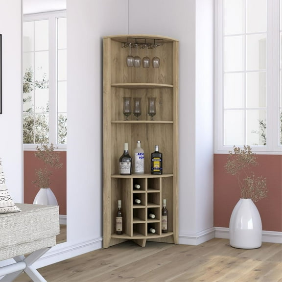 Depot E-Shop Giza Corner Bar Cabinet With 3 Shelves, 8 Wine Cubbies, Glass Rack, And 2 Side Shelves, Macadamia