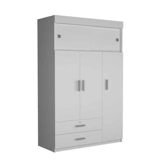 Depot E-Shop Indiana Armoire with 3 Cabinets, 2 Drawers, 5 Interior Shelves, and Hanging Rod, White