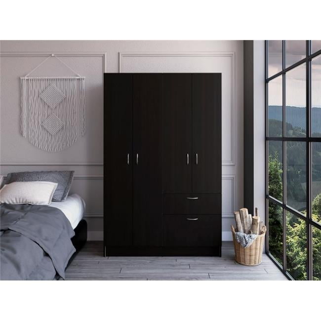 Black Particle Board Armoire with Multiple Storage Options