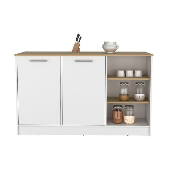 Depot E-Shop Kitchen Island Two Cabinets, Three Open Shelves, White / Natural Oak