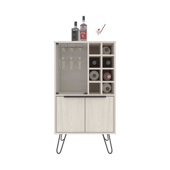 Depot E-Shop Lutak Bar Cabinet with 2 Doors, 9 Shelves, and 1 Glass Panel, White Washed Oak