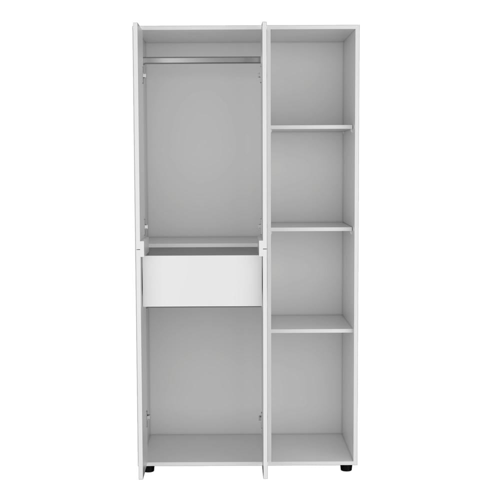 White Manufactured Wood Armoire with Shelves and Drawer