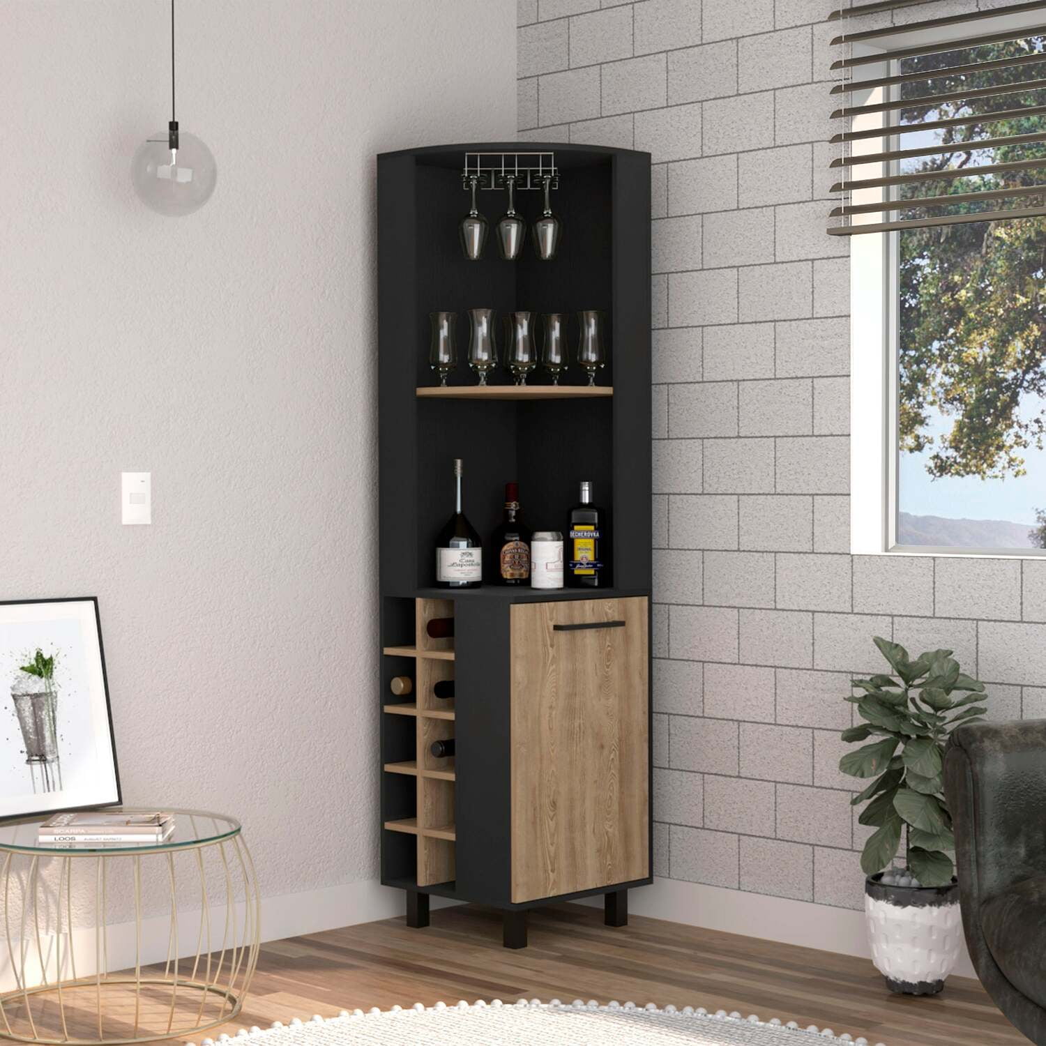 Morocco Black and Pine Corner Bar Cabinet with Wine Rack