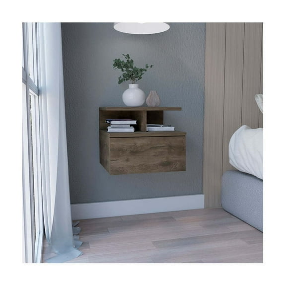 Depot E-Shop Nightstand, Wall Mounted with Single Drawer and 2-Tier Shelf, Dark Walnut
