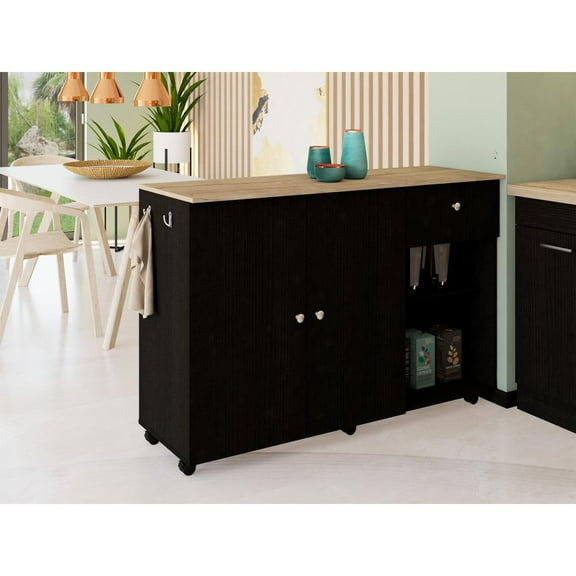 Depot E-Shop Syros Kitchen Island On Casters With 4 Interior Shelves, Drawer And Double Door Cabinet, Black/Macadamia
