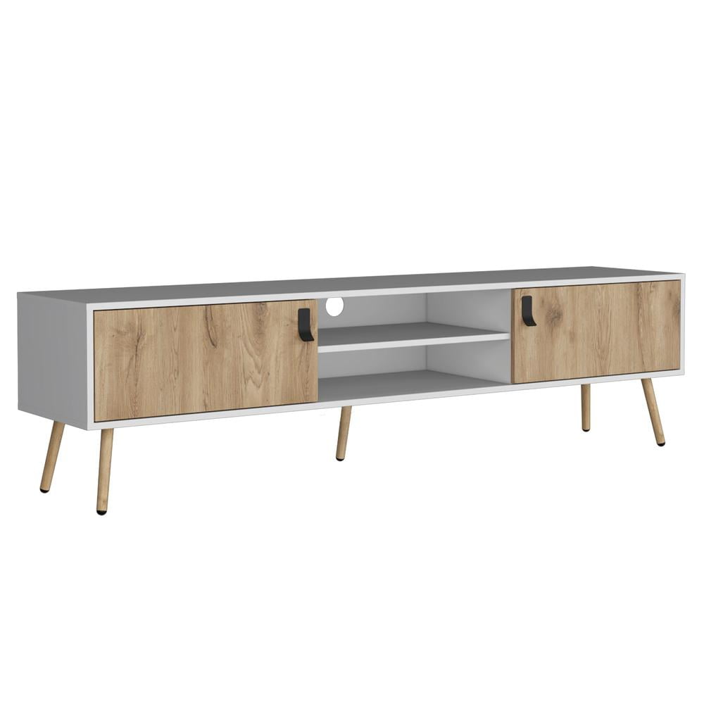 White and Light Brown Wood TV Rack with Cabinet and Shelves