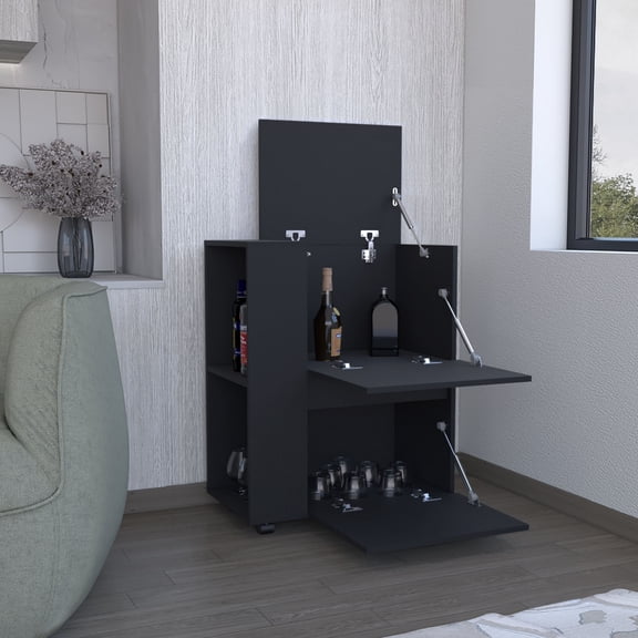 Depot E-Shop Tully Bar Cart Two Pull-Down Door Cabinets And Two Open Shelves,Black