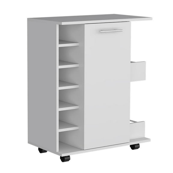 Depot E-Shop Bar Cart with 6-Built in Bottle Racks, Casters and 2-Open Side Shelves, White