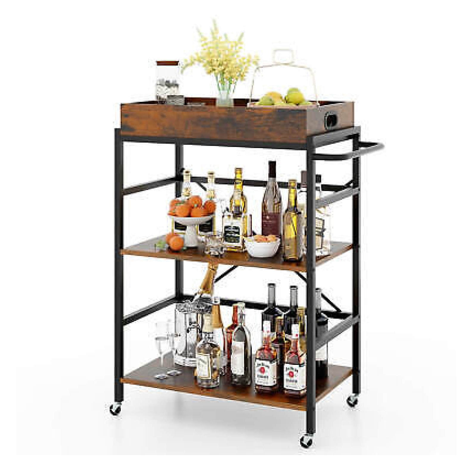 Rustic Brown and Black 3-Tier Bar Cart with Detachable Tray