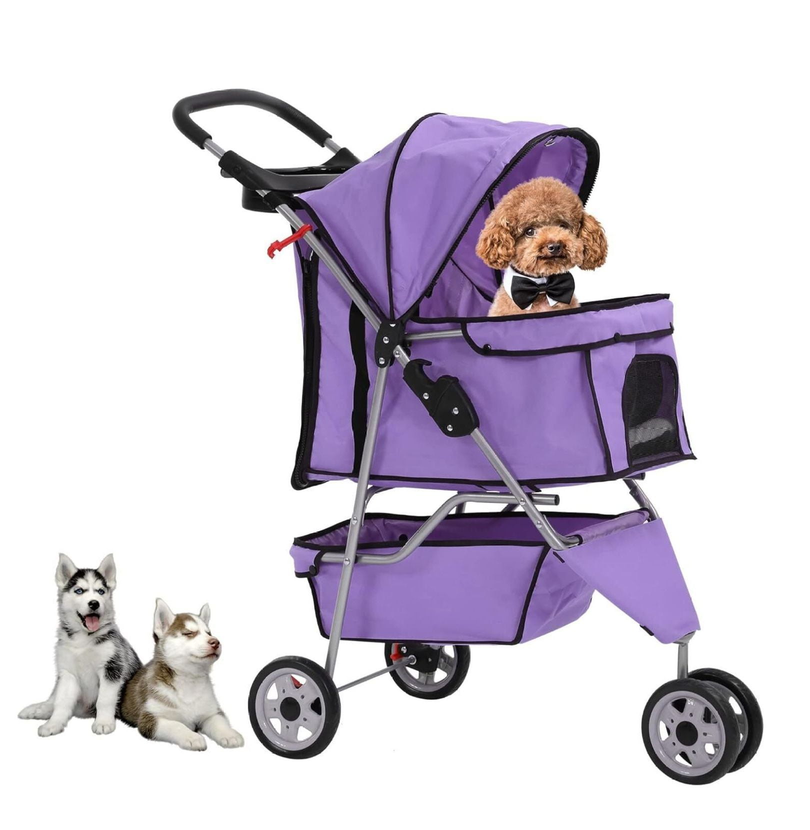Purple 3-Wheel Travel Folding Pet Stroller with Storage