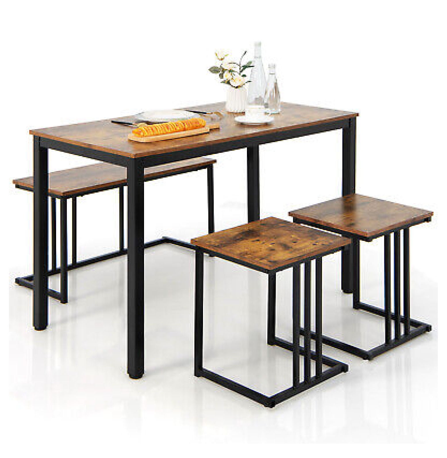 Rustic Brown and Black 4-Piece Dining Table Set with Bench and Stools