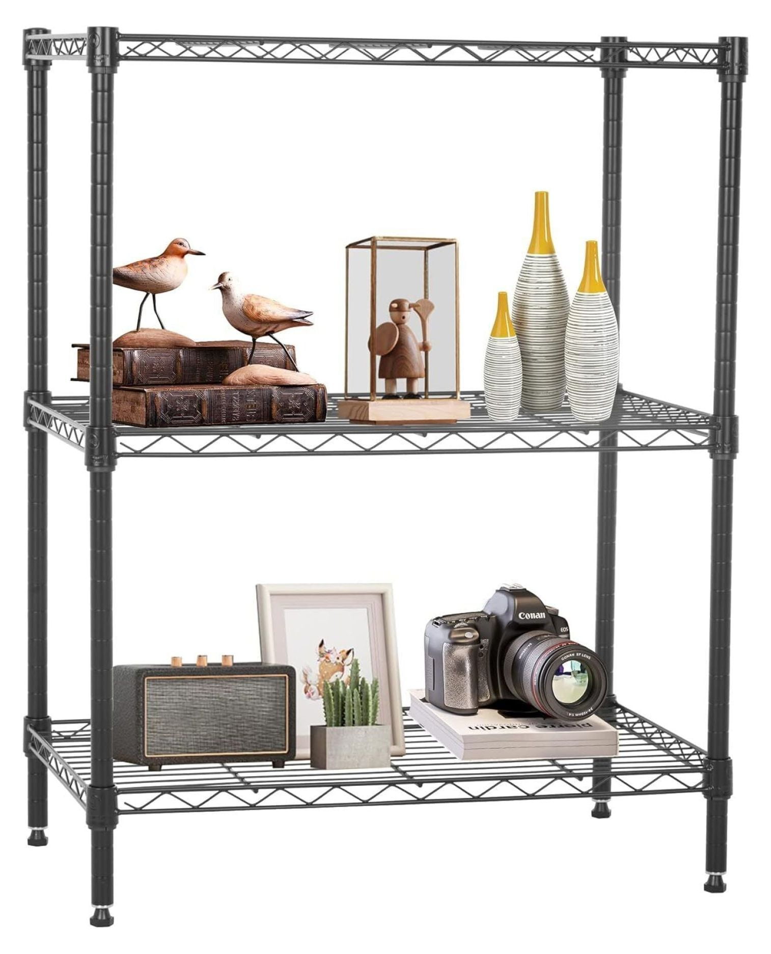 Black Adjustable 3-Tier Wire Shelving Unit for Garage and Kitchen