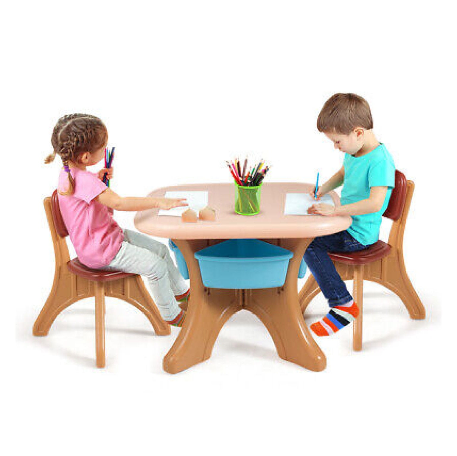 Kids Beige and Brown Polypropylene Activity Table and Chair Set