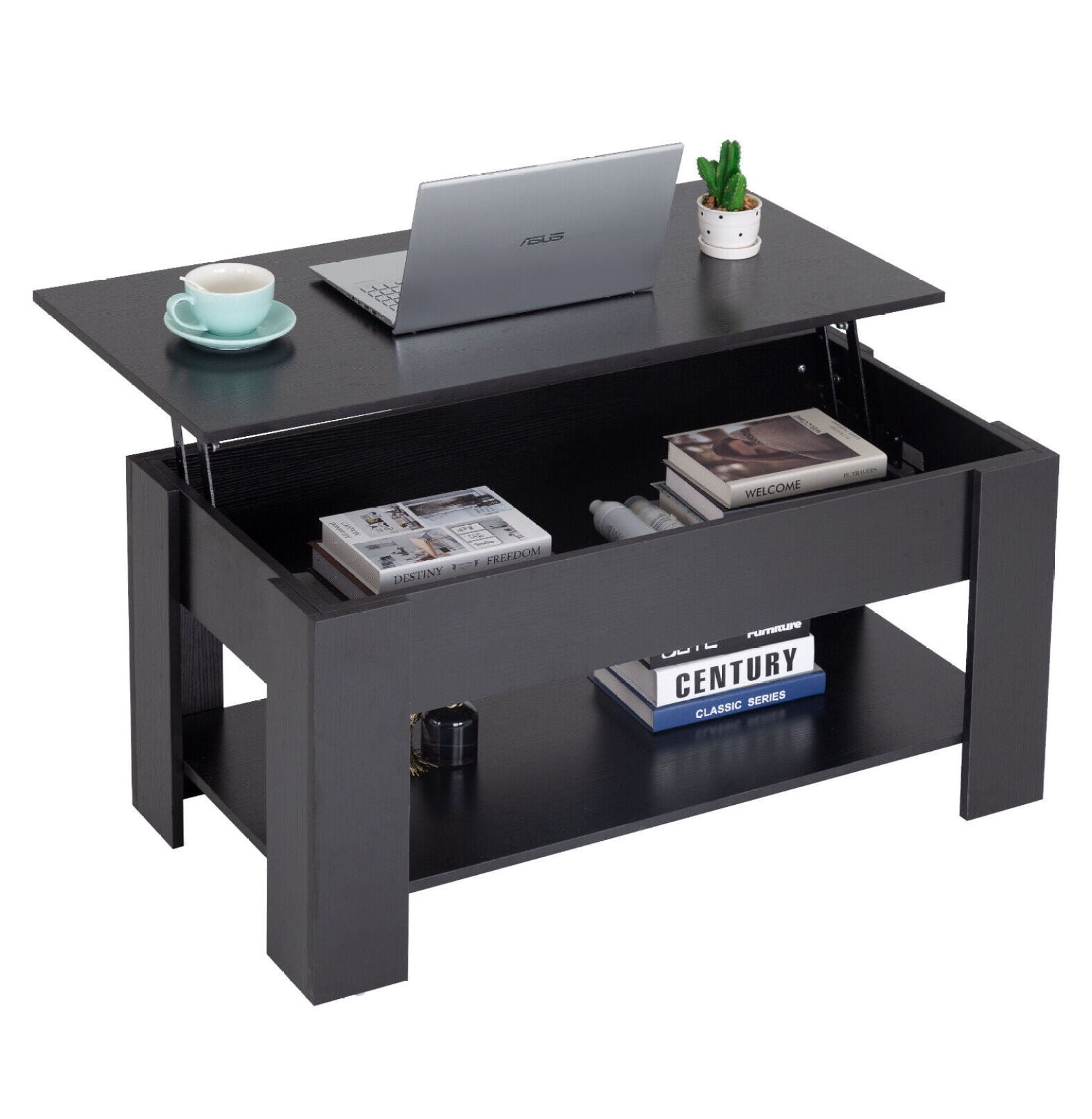 Black Rectangular Wood Lift-Top Coffee Table with Storage