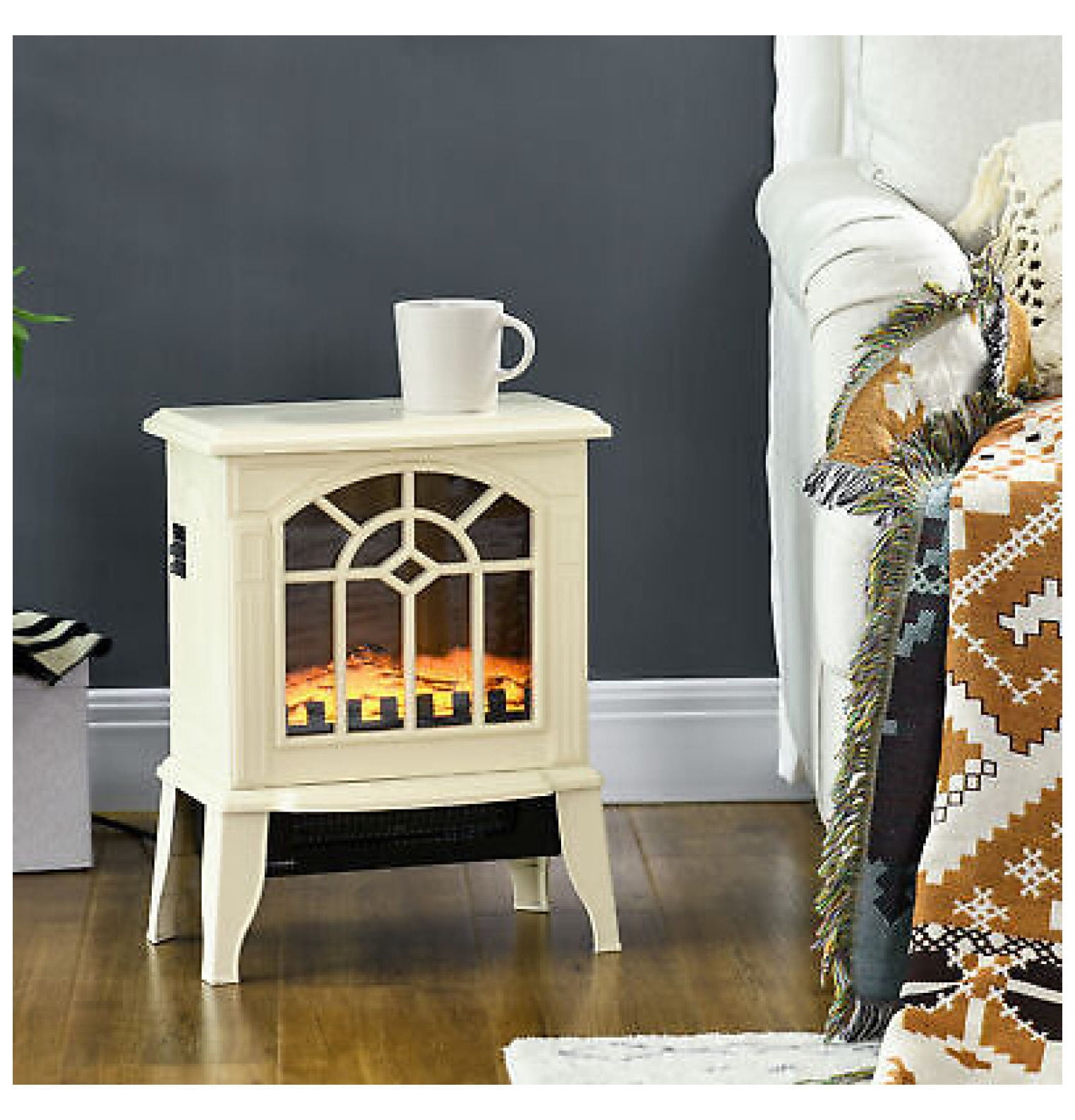 Depot Esh Modern Portable Electric Fireplace Stove Heater with Realistic Flame, Cream