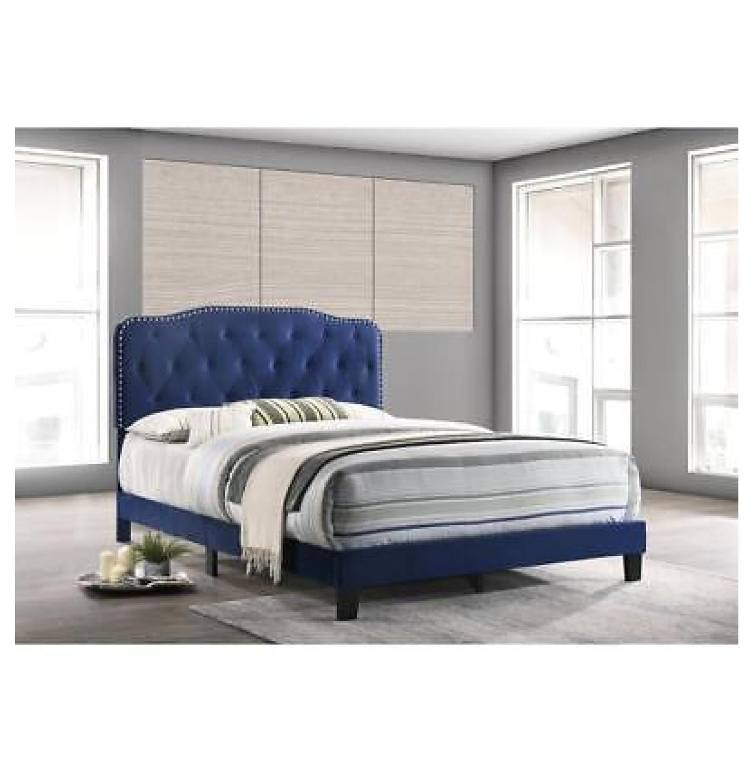 Navy Blue Velvet Queen Bed with Tufted Upholstered Headboard