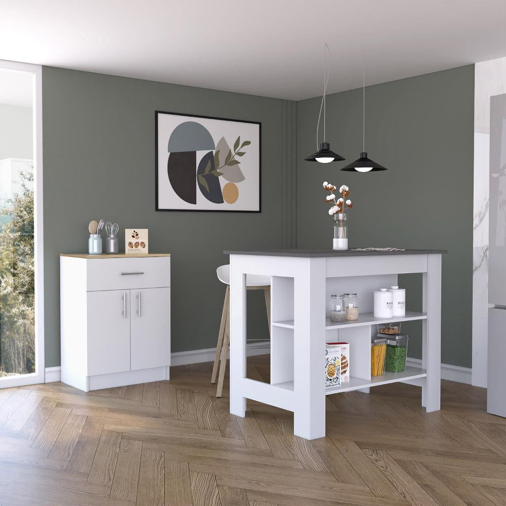 California White and Light Oak 2-Piece Kitchen Set with Pantry