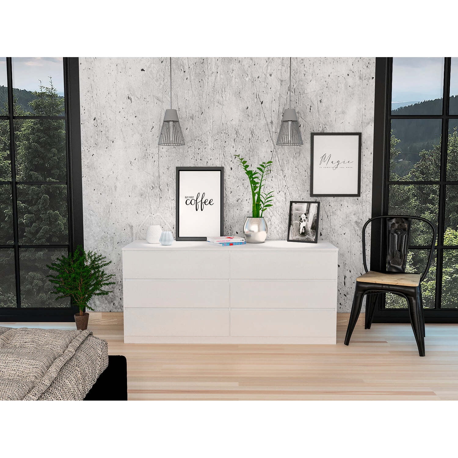 Elegant White Double Horizontal Dresser with 6 Spacious Drawers