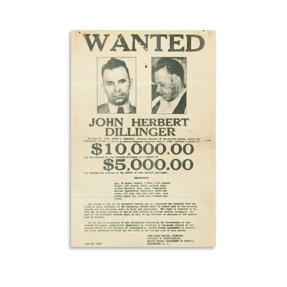 Depression-era Gangsters John Dillinger Retro Poster-denoise-denoise Wall Art Poster Gifts Bedroom Prints Home Decor Hanging Picture Canvas Painting Posters 12x18inch(30x45cm)