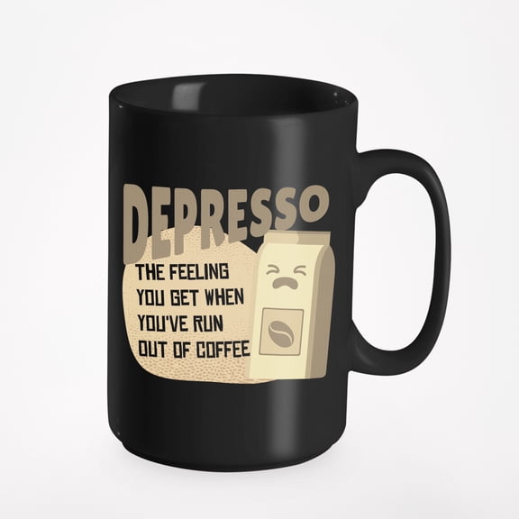 Depresso Meaning Joke Cup, Black 15oz Ceramic Mug