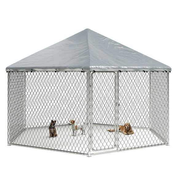 Deptok 12.5'x12.5' Large Metal Outdoor Dog Kennel, Heavy Duty Outdoor Dog Enclosure with Waterproof Cover and Security Lock, Galvanized Chain Link Hexagonal Dog Cage for Large Dogs