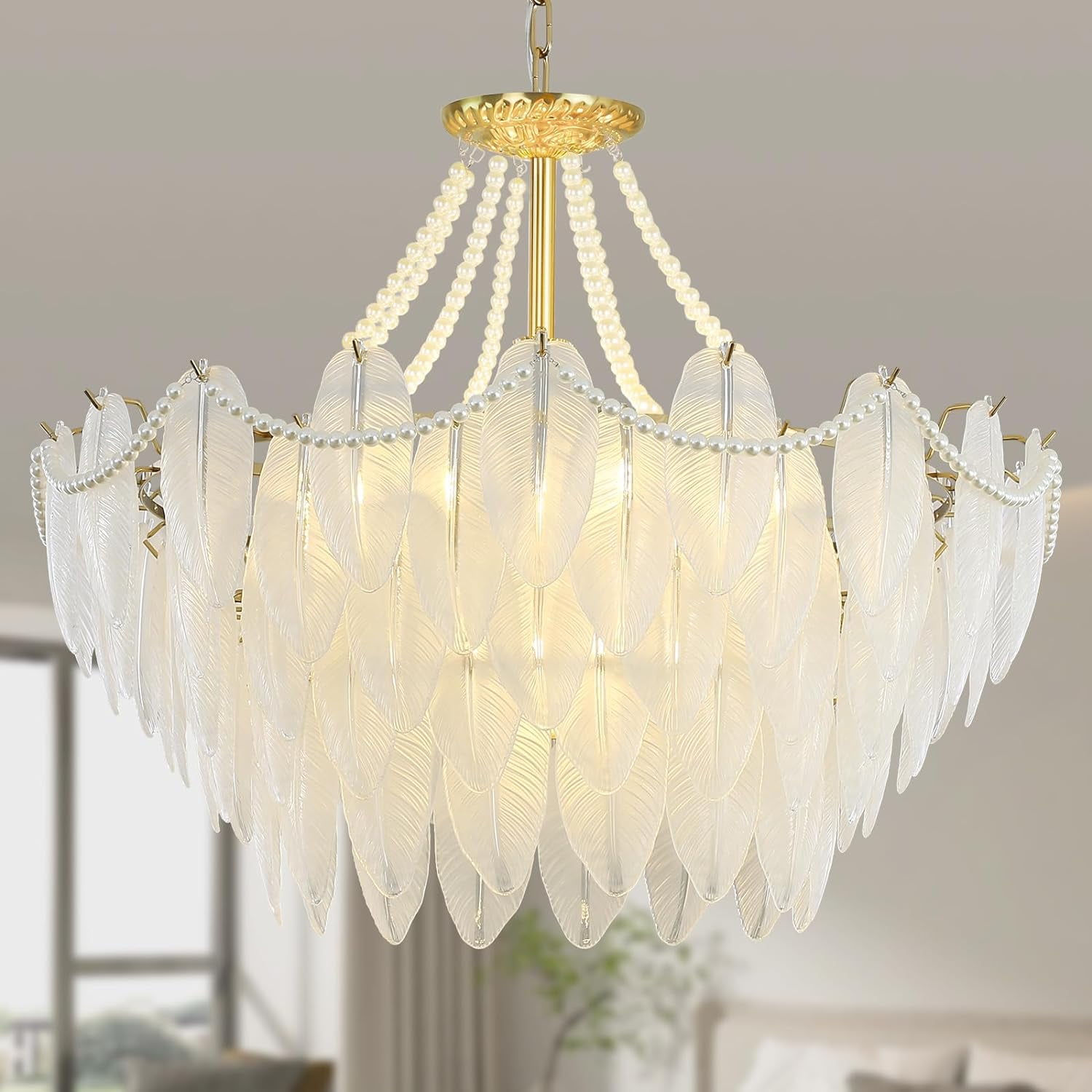 Depuley 12 Light Gold Crystal Chandelier Light Feather Pearl Crystal Chandeliers Modern Flush ...
