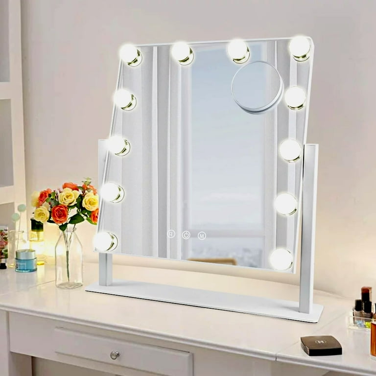 Depuley 18 Hollywood Vanity Makeup Mirror with 12 Dimmable LED Bulbs Tabletop Makeup Mirrors 10X Magnification 3 Color Lighting 360 Swivel