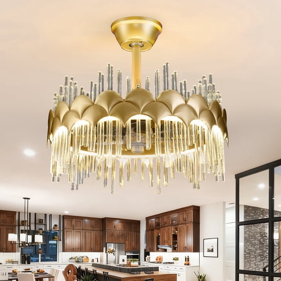 Depuley 20 Inch Modern Invisible Ceiling Fan with Lights, Luxury Double Ring Crackle Crystal ceiling Fan, Flush Mount 30W LED Fandelier Light with Remote for Living Room Bedroom Hallway