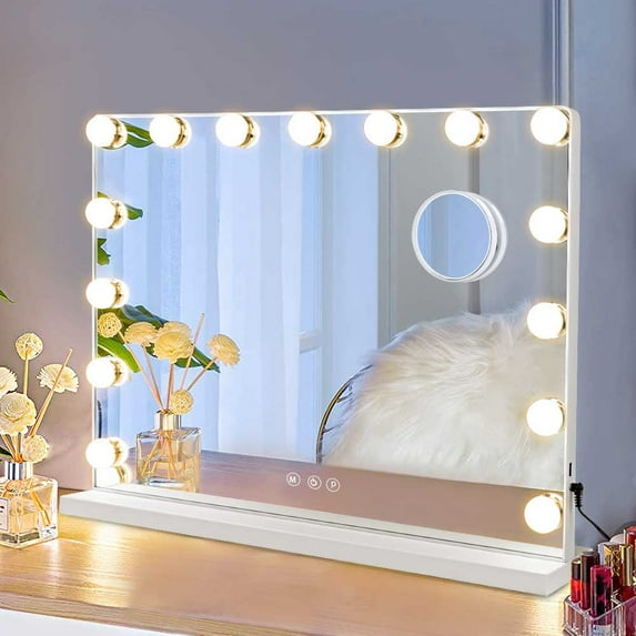FanhSbrocade 23" Hollywood Large Vanity Mirror with 15 Dimmable LED Bulbs, Makeup Mirror Smart Touch Screen, USB Charging, 3 Color Changing, Magnifying, White