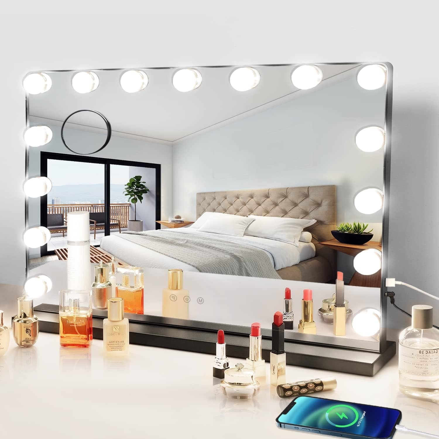 Black Aluminum Hollywood Vanity Mirror with Dimmable LED Bulbs